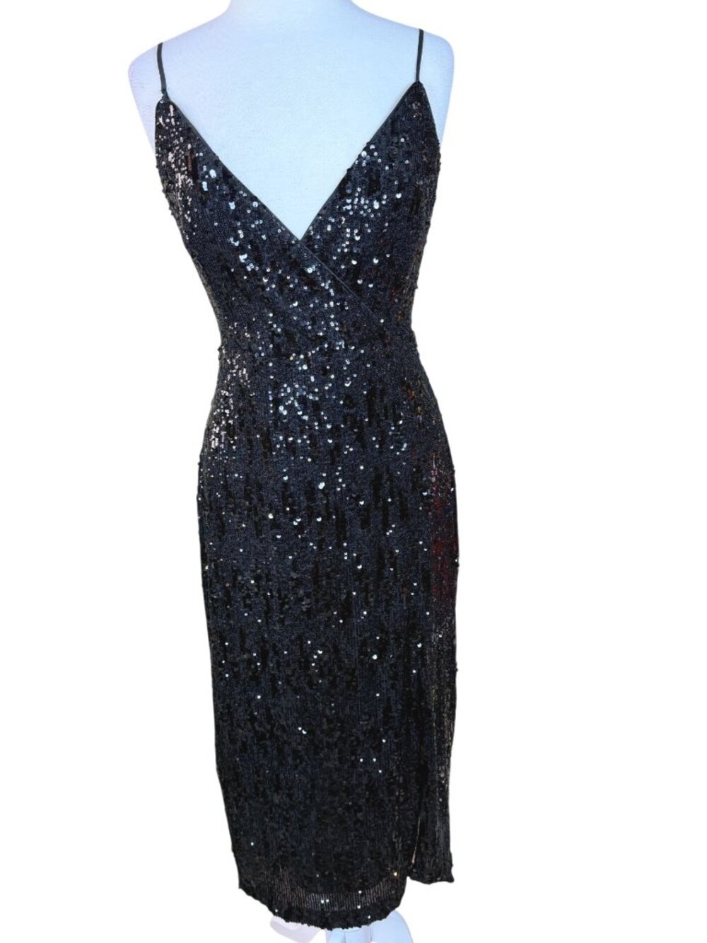 Ramy Brook Leanne Black Sequin V-Neck Midi Dress Front Slit  Adj Straps 8 NWT